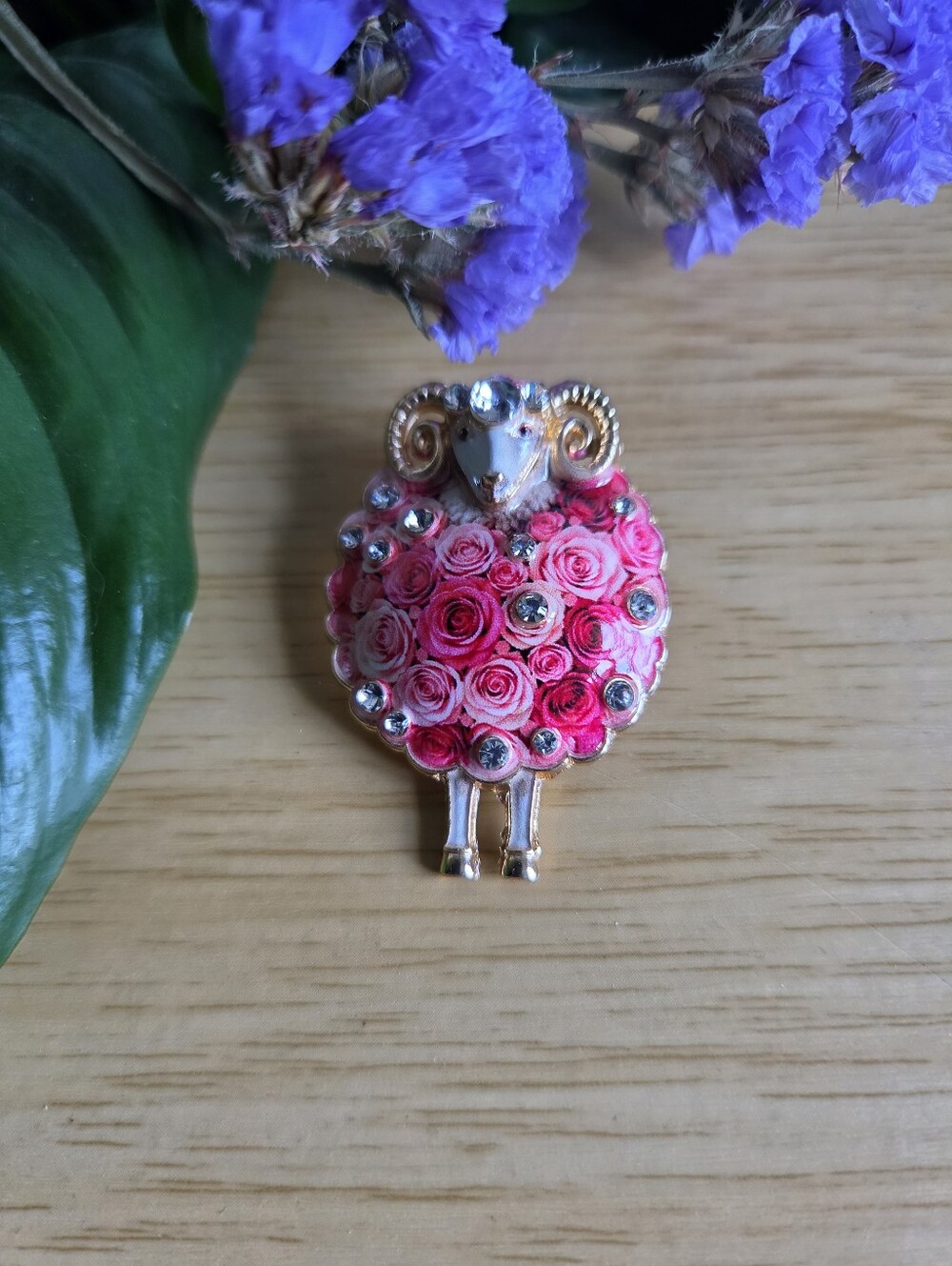 Lamb Ram Rose Decorated Brooch